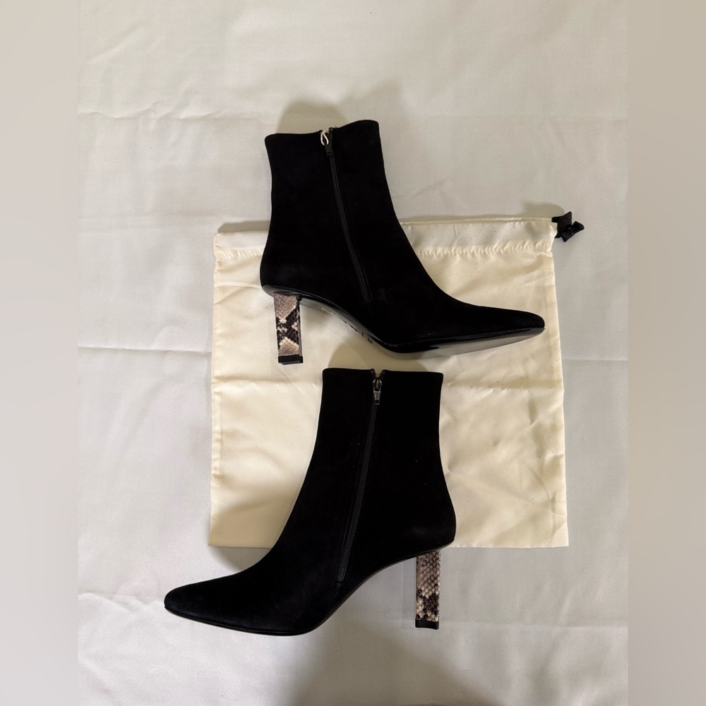 STAUD Black Suede Ankle Boots with Snakeskin-Print Heel